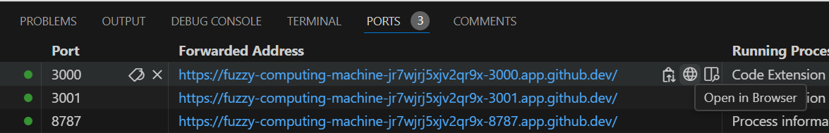 VS Code ports tab showing application running on port 3000